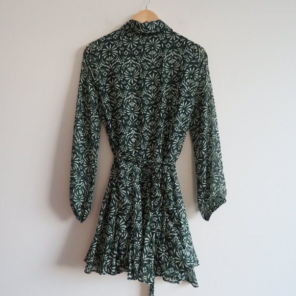 ZARA Sheer Leaf Print Belted Button Front Dress in Forest Green Boho - Size S - Picture 13 of 16
